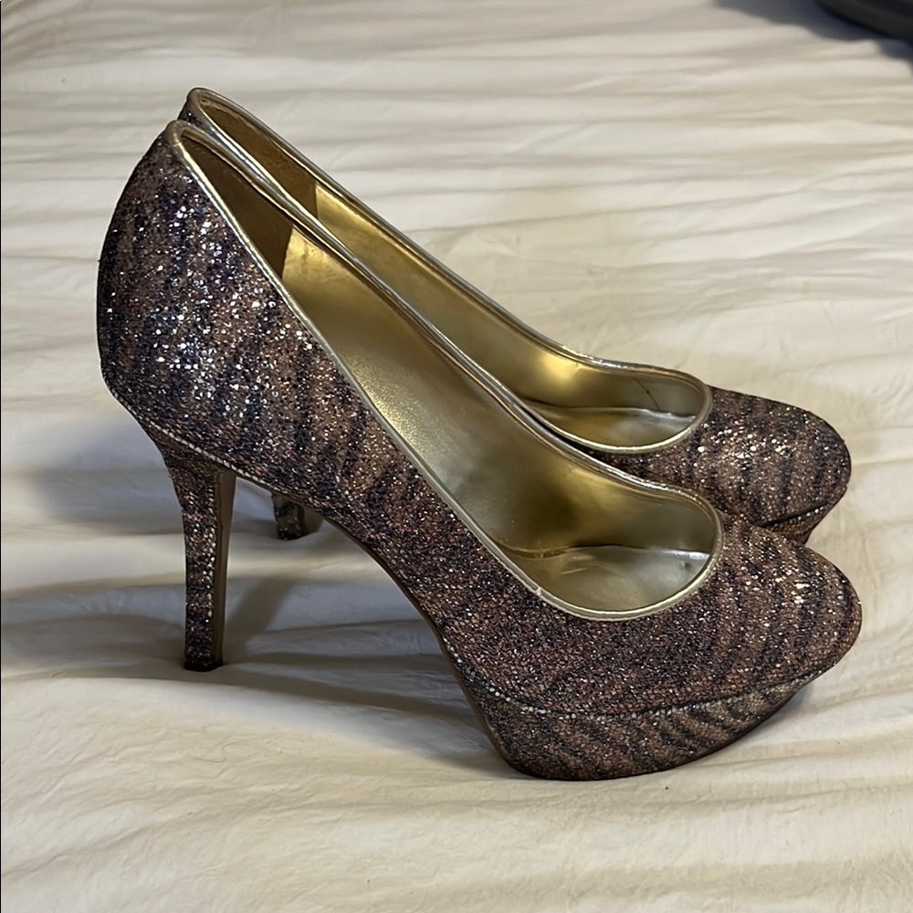 Nine West Gold and Brown Glittery Platform Heels